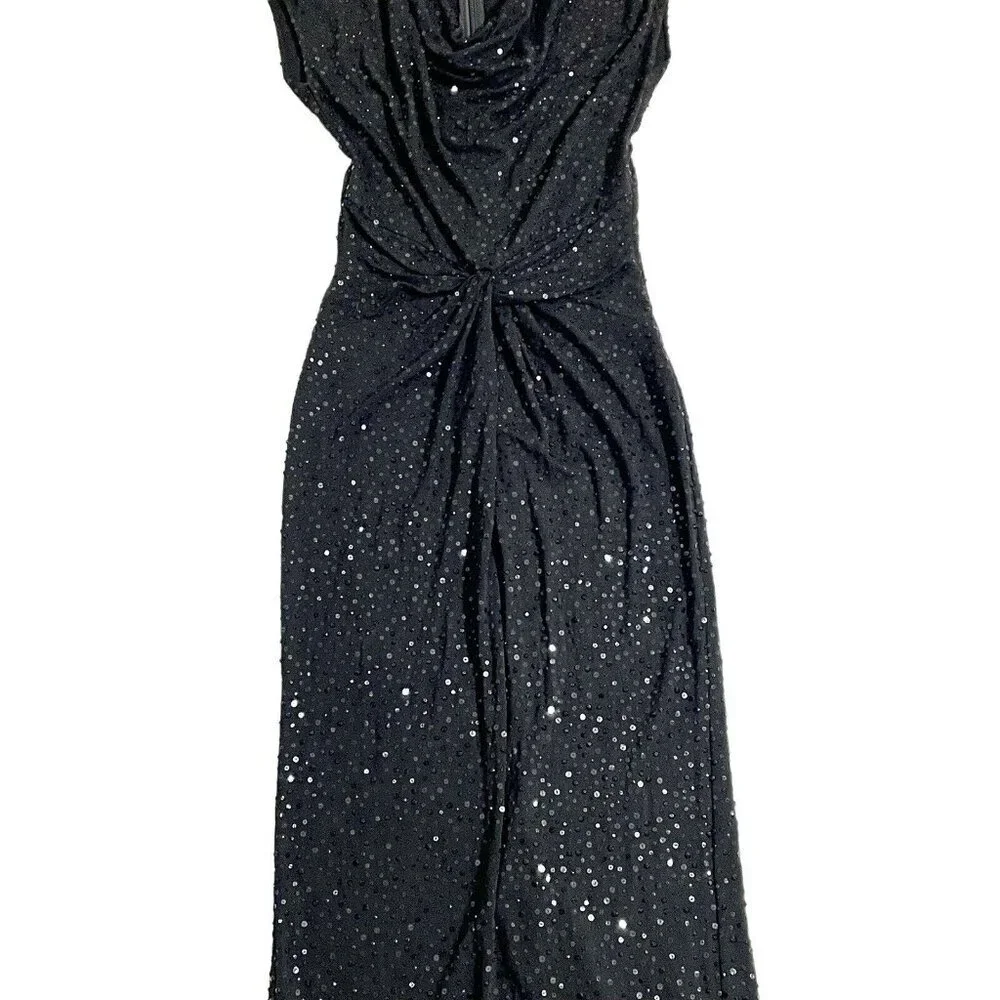 Michael Kors Black Sequin Mermaid Gown Evening Dress Front Twist SZ 4 New
